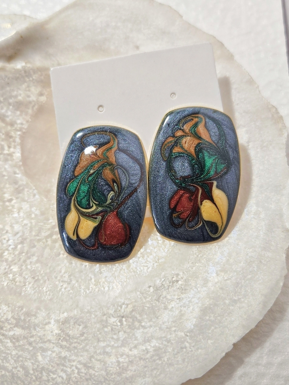 Multicolor Swirl Enamel Earrings Blue Red Green Yellow Art Deco Stud Earrings